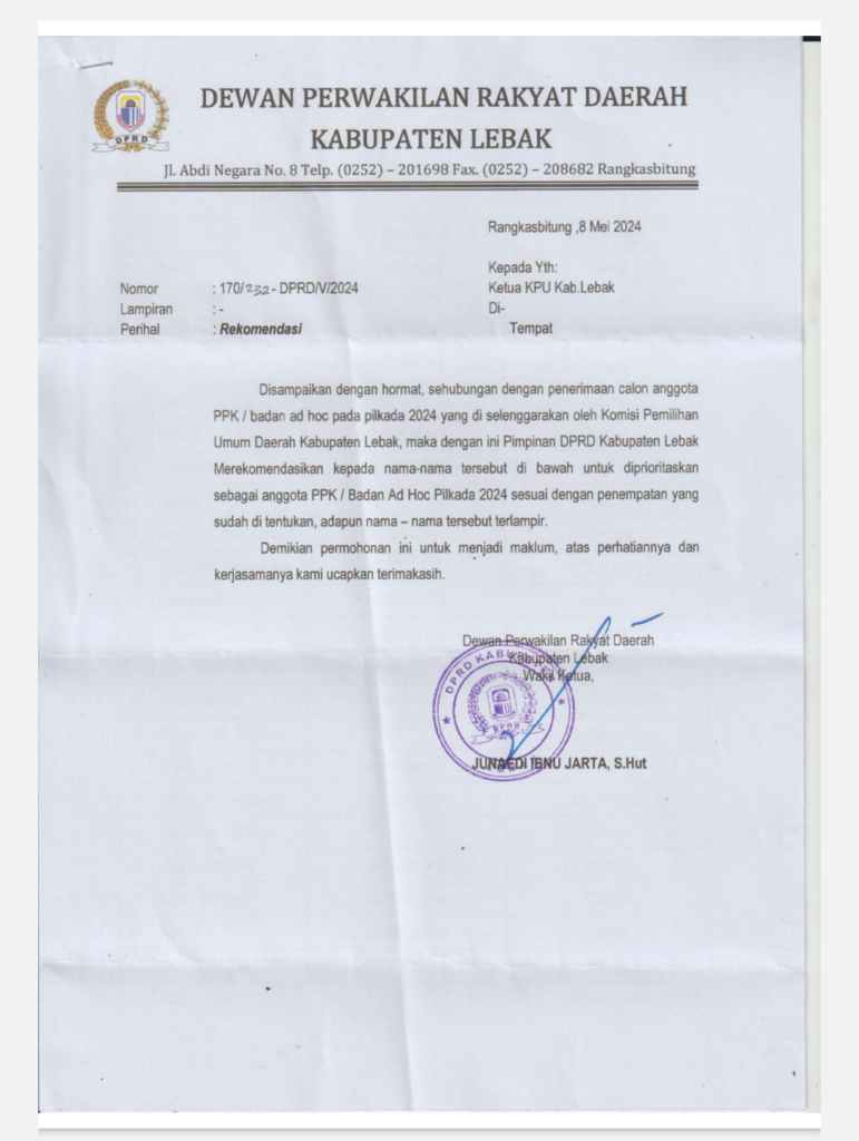 Heboh, ‘Surat Sakti’ DPRD Lebak Diduga Titip Nama Loloskan Calon PPK