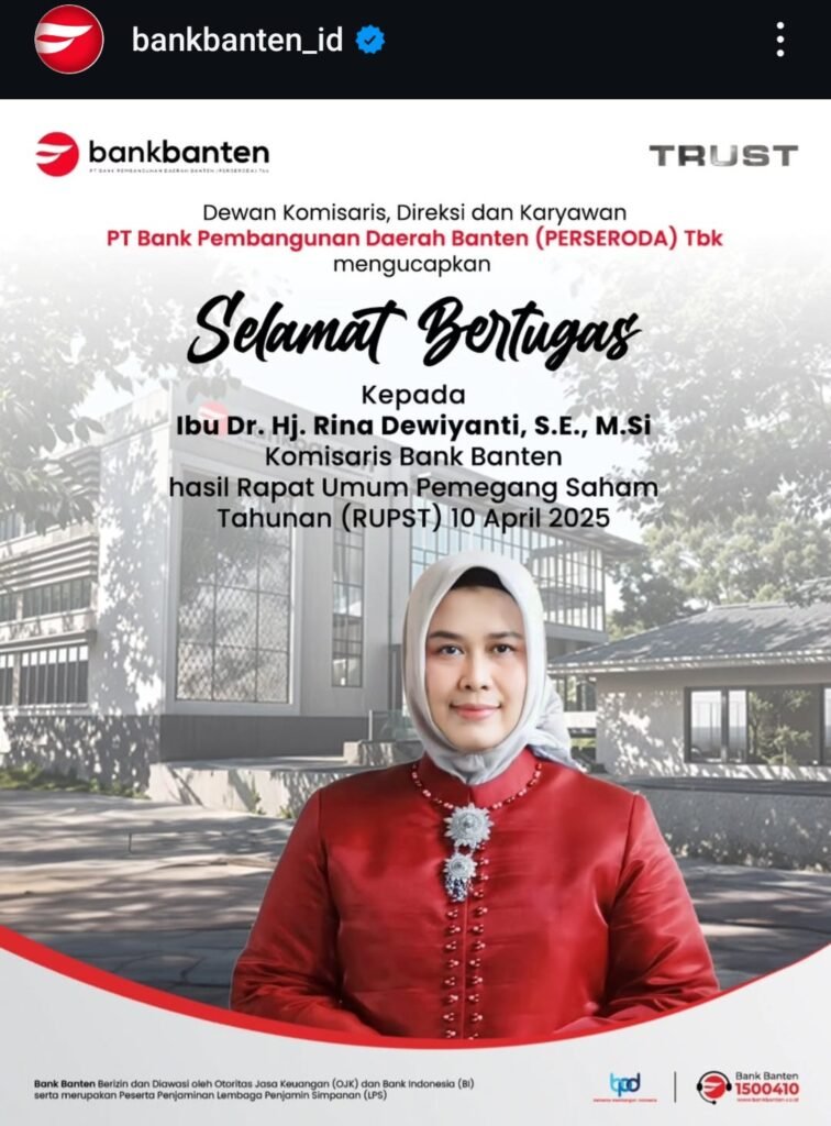 Pejabat BPKAD Banten ‘Rina Dewiyanti’ Ditunjuk Jadi Komisaris Bank Banten