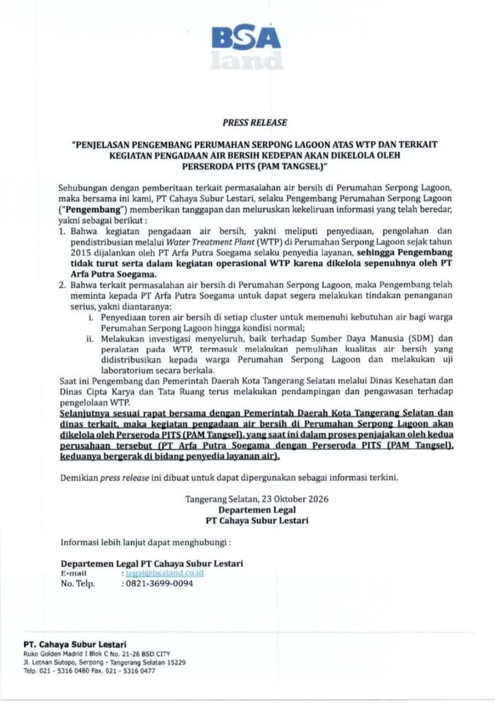 Pengelola Serpong Lagoon Beri Klarifikasi Soal Air Bersih dan Akan Dikelola Perseroda PITS