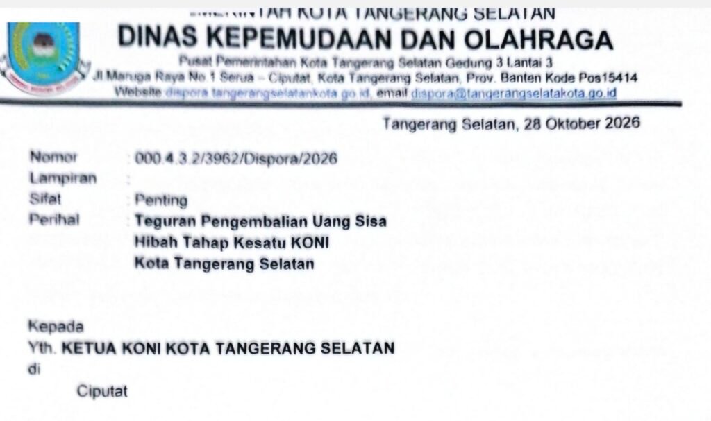 Pengurus Cabor Tangsel Kecewa, Surat Pengembalian Dana Hibah Rp9,72 Miliar dari Dispora Terbit Jelang Porprov